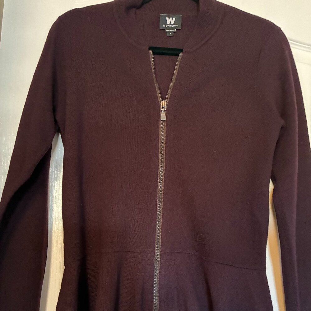 Wine Colored Merino Wool Peplum Zip-up Sweater - W by Worth - size small